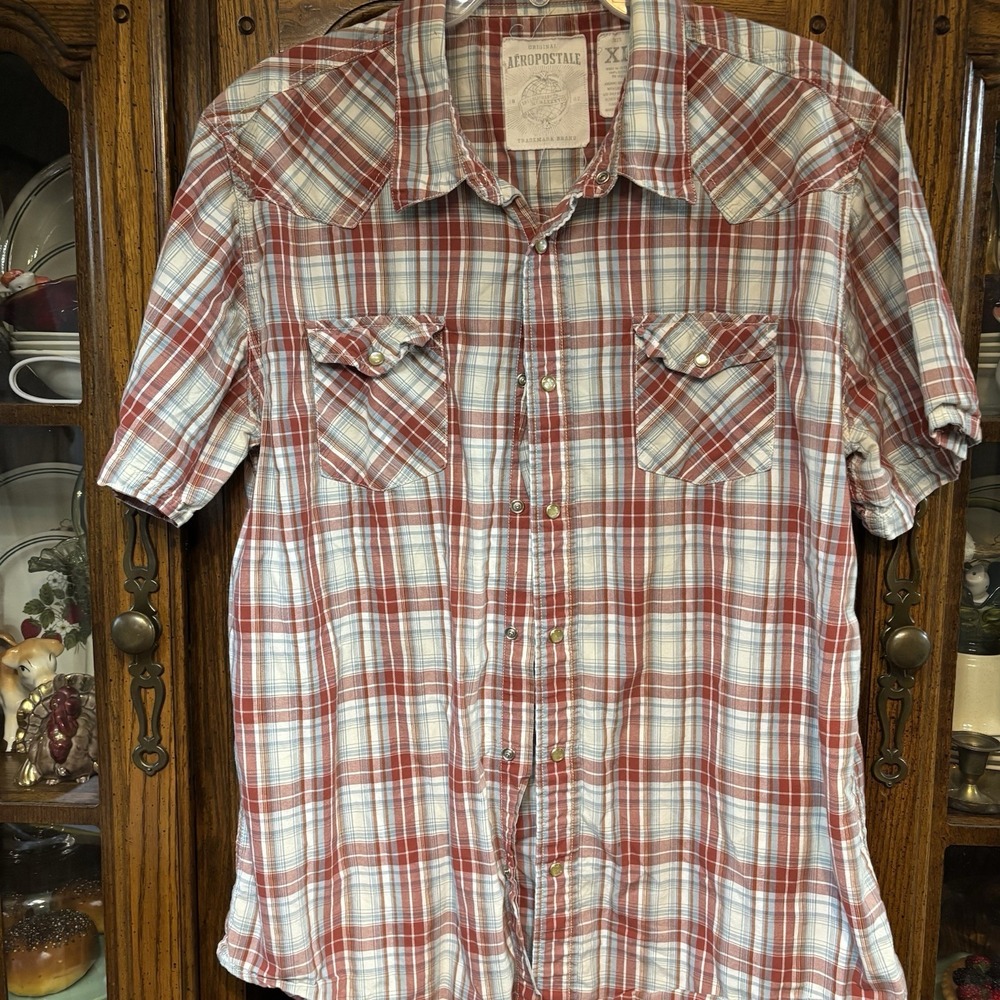 Apostle Men's XL Retro Short Sleeve Button Up Pearl Snap‎ Shirt, Red Blue Plaid
